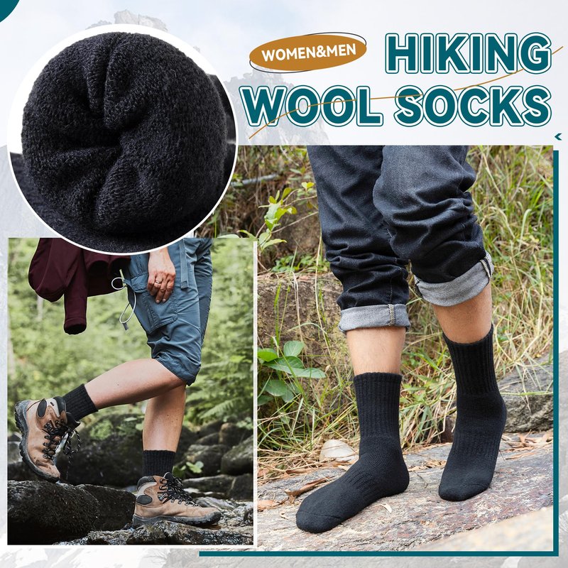 Eocom Merino Wool Hiking Socks for Women & Men Thermal Winter Warm Thick Cushion Crew Work Boot Socks 5 Pairs(5 Pairs Black, Medium)