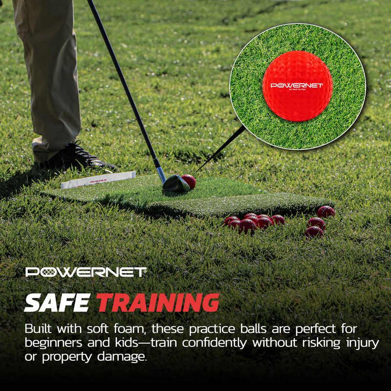 PowerNet Foam Golf Balls & Tri-Turf Mat Bundle, Portable 25" x 16" Hitting Space, Golfing Accessories Training Aid to Improve Swings, 16-Pack Training Balls & Artificial Grass Practice Mat
