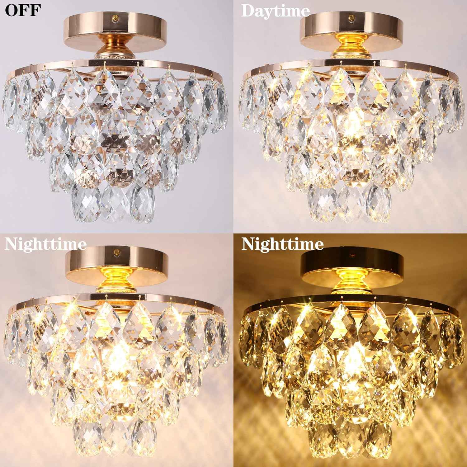 Gold Crystal Mini Chandelier - Modern Flush Mount Ceiling Light for Hallway & Bedroom
