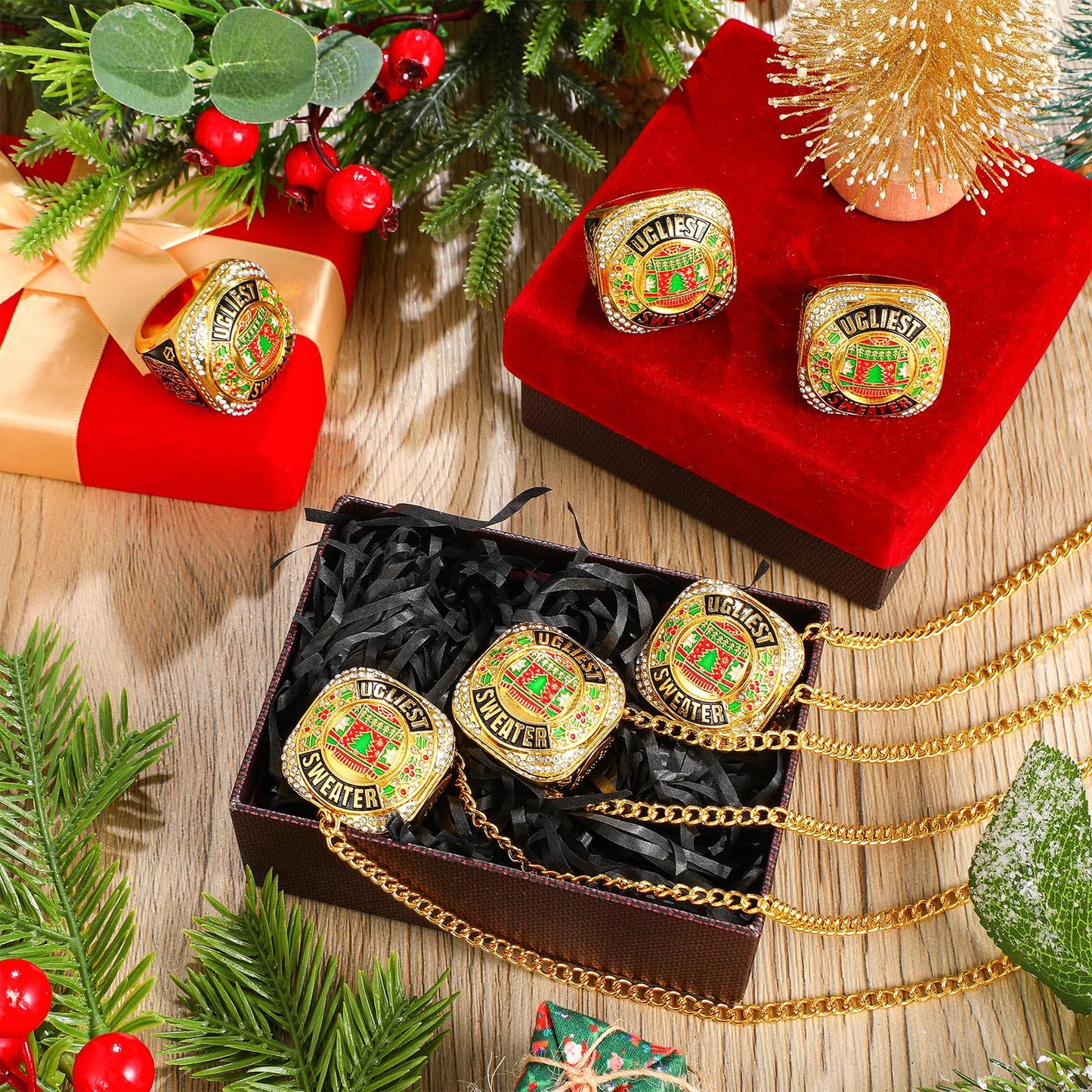 Highergo 6pcs Ugly Christmas Sweater Championship Trophy Ring Ugly Sweater Costume Contest Award with Display Neck Chain and Stand for Xmas Ugliest Sweater Contest Christmas Party Gift Competition