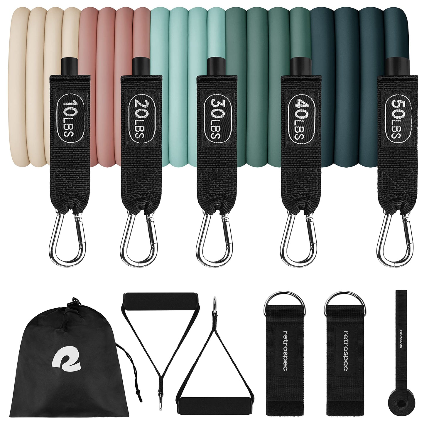 Retrospec Train Resistance Bands Set (5pc) Workout Bands w/Handles, Door Anchor, Carry Bag for Women & Men, Cactus