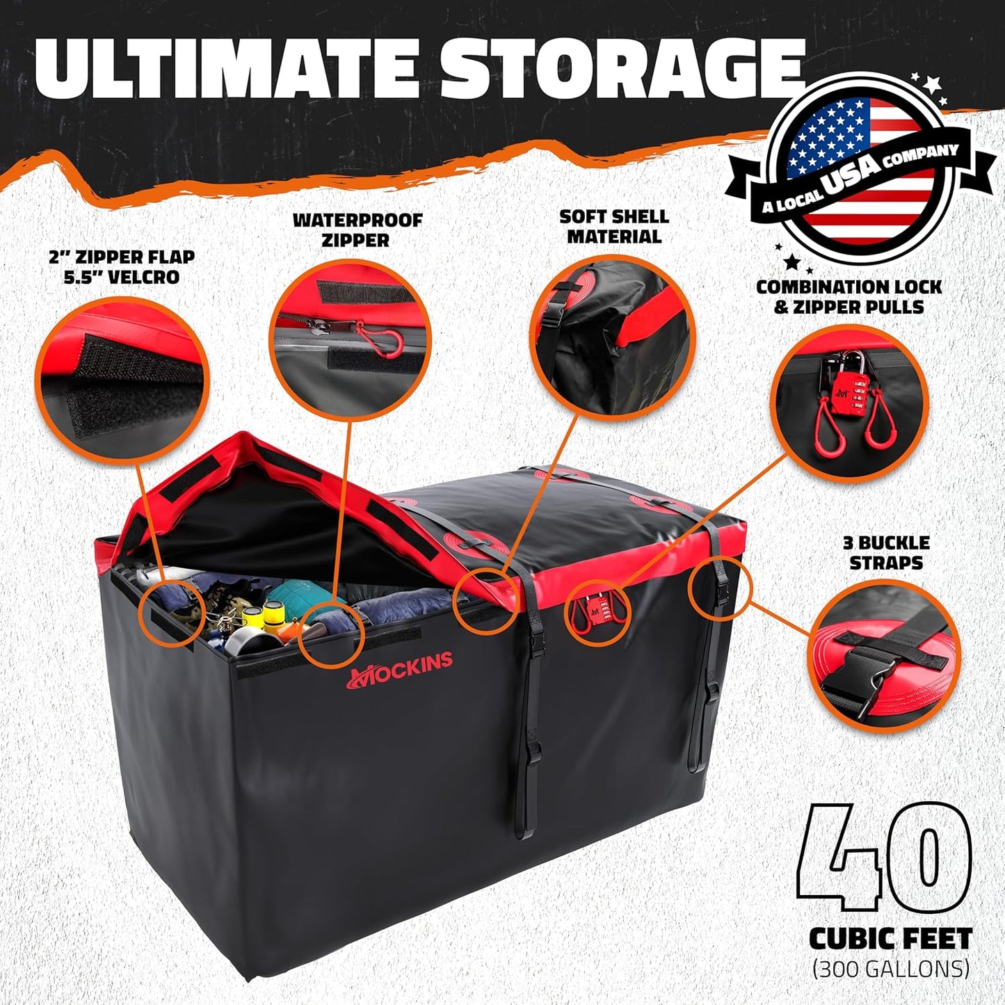 Mockins 40 CuFt XXL Trailer Hitch Cargo Carrier Bag - Heavy Duty Waterproof Vinyl | 70"x30"x33" Size