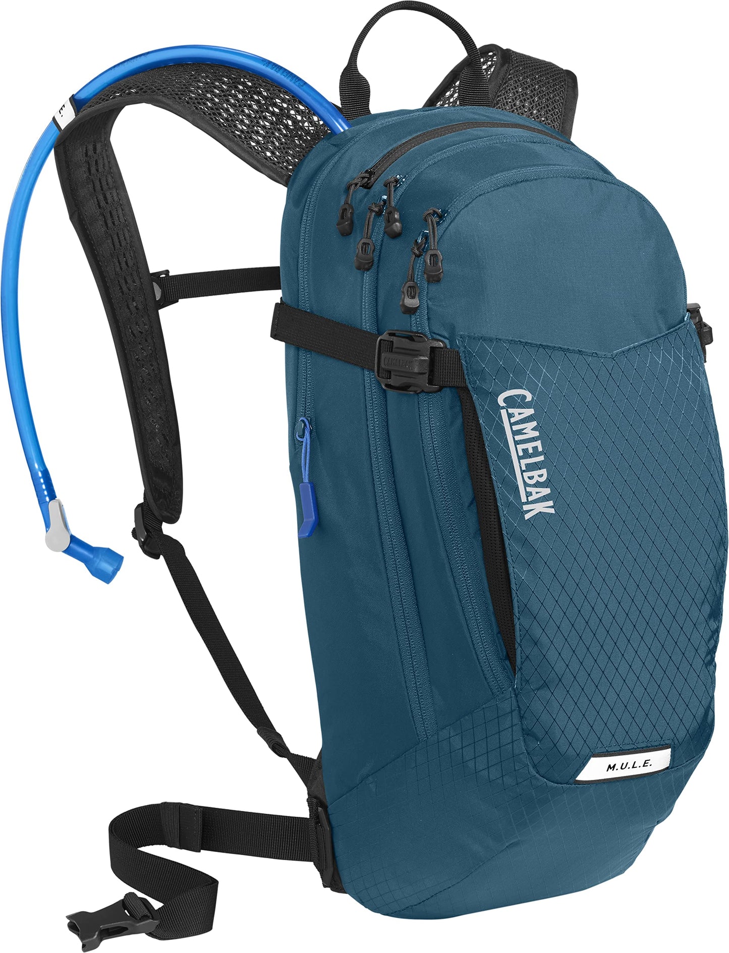 CamelBak M.U.L.E. 12 Mountain Bike Hydration Pack with 100oz Crux Reservoir, All Day Cooling and Smart Storage for Trail Riding, Moroccan Blue/Black