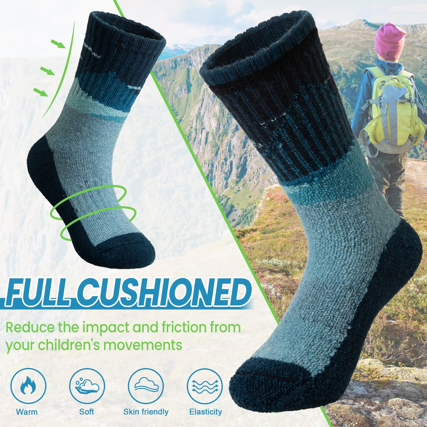 WEVIAS Kids Merino Wool Hiking Socks Boys Thermal Winter Cozy Boot Warm Cushion Socks 6 Pairs (Mountain Range, 8-12 Years)