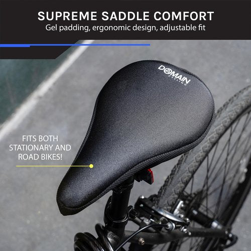 Domain Cycling Gel Bike Seat Cushion - Secure Peloton Fit for Smooth Stable Rides- Non-Slip Bicycle Cover for Exercise Bikes, Padded for Men or Women Comfort, 10.5”x7”
