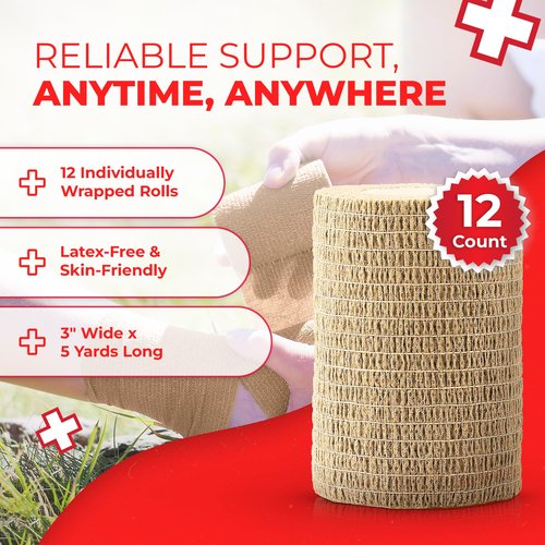 Ever Ready First Aid Self Adherent Cohesive Bandages 3" x 5 Yards - 12 Count, Tan