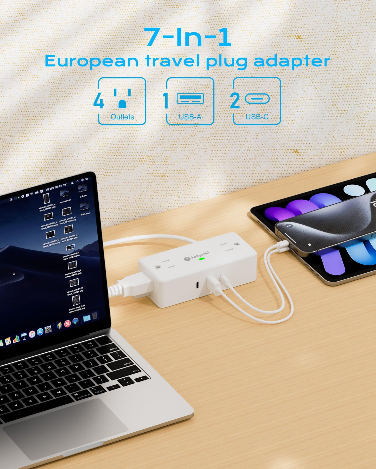 Kakyanill European Travel Plug Adapter, EU/UK/JP Plug Adapter, 4 AC Outlets, 3 USB Ports (2 USB C), 5ft Flat Extension Cord, Compact for Travel