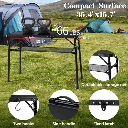 CJPWMT Folding Camping Table with Storage Net,3ft Portable Aluminum Folding Table with 3 Adjustable Height Max 27.3 Inch for Outdoor Backyard BBQ Picnic Cooking Tents Beach Indoor Bedroom（Black）