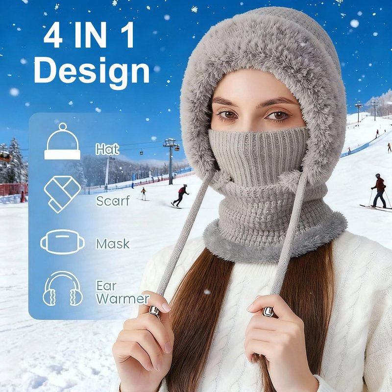 3 in 1 Beanie Hat with Scarf and Mask for Women, Winter Ski Mask & Neck Gaiter Set, Knitted Balaclava Hats for Cold Weather Gray