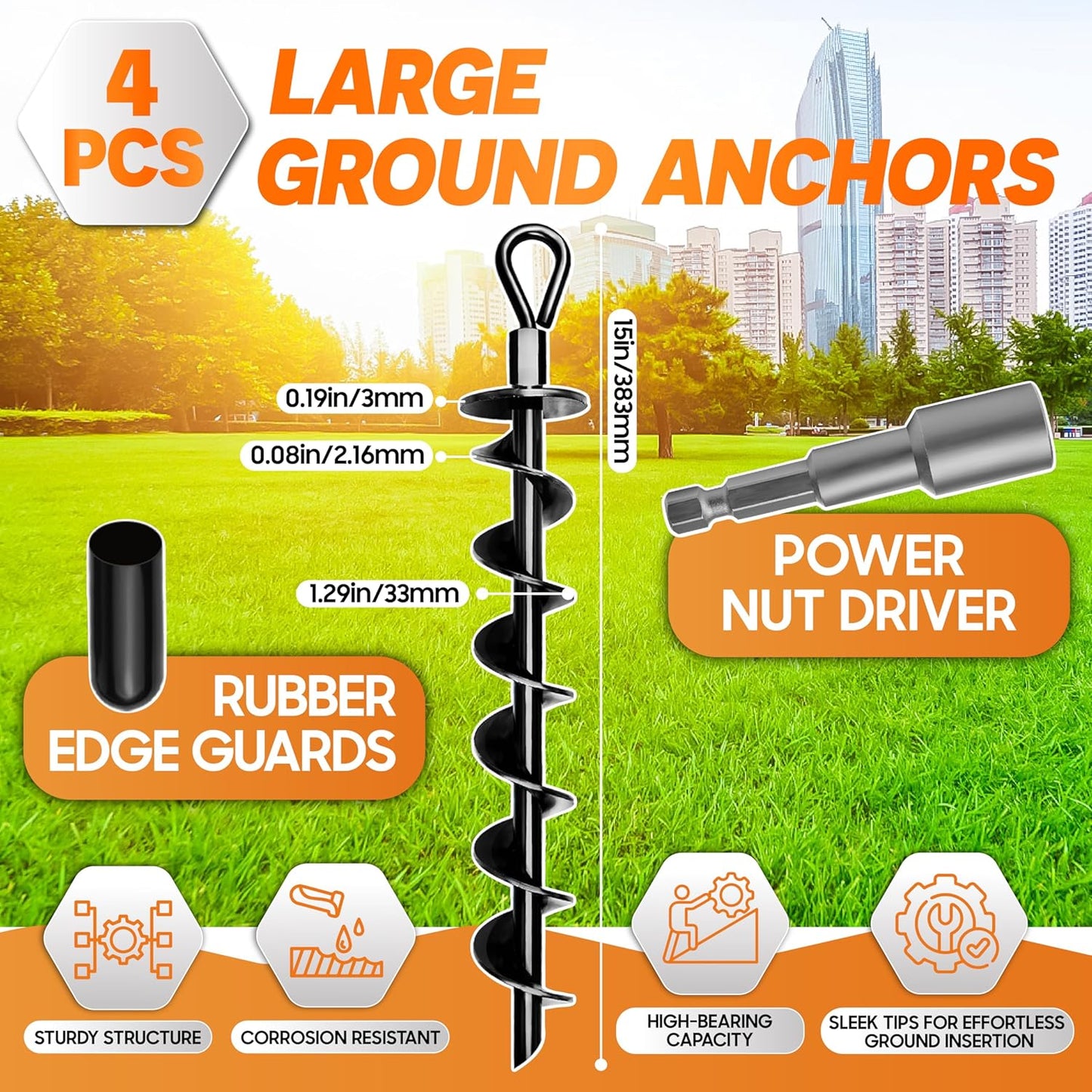 Premium 4 Pack Ground Anchors - Heavy Duty Screw-In Anchors with Power Nut Driver for Tents & Swing Sets