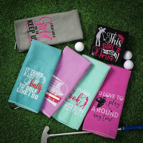Hosuly 6 Pcs Embroidered Funny Golf Towel with Clip Golf Gifts for Girl Bag Accessories for Balls Women Mom Wife Girlfriend Club Fan Birthday Gift, 6 Colors