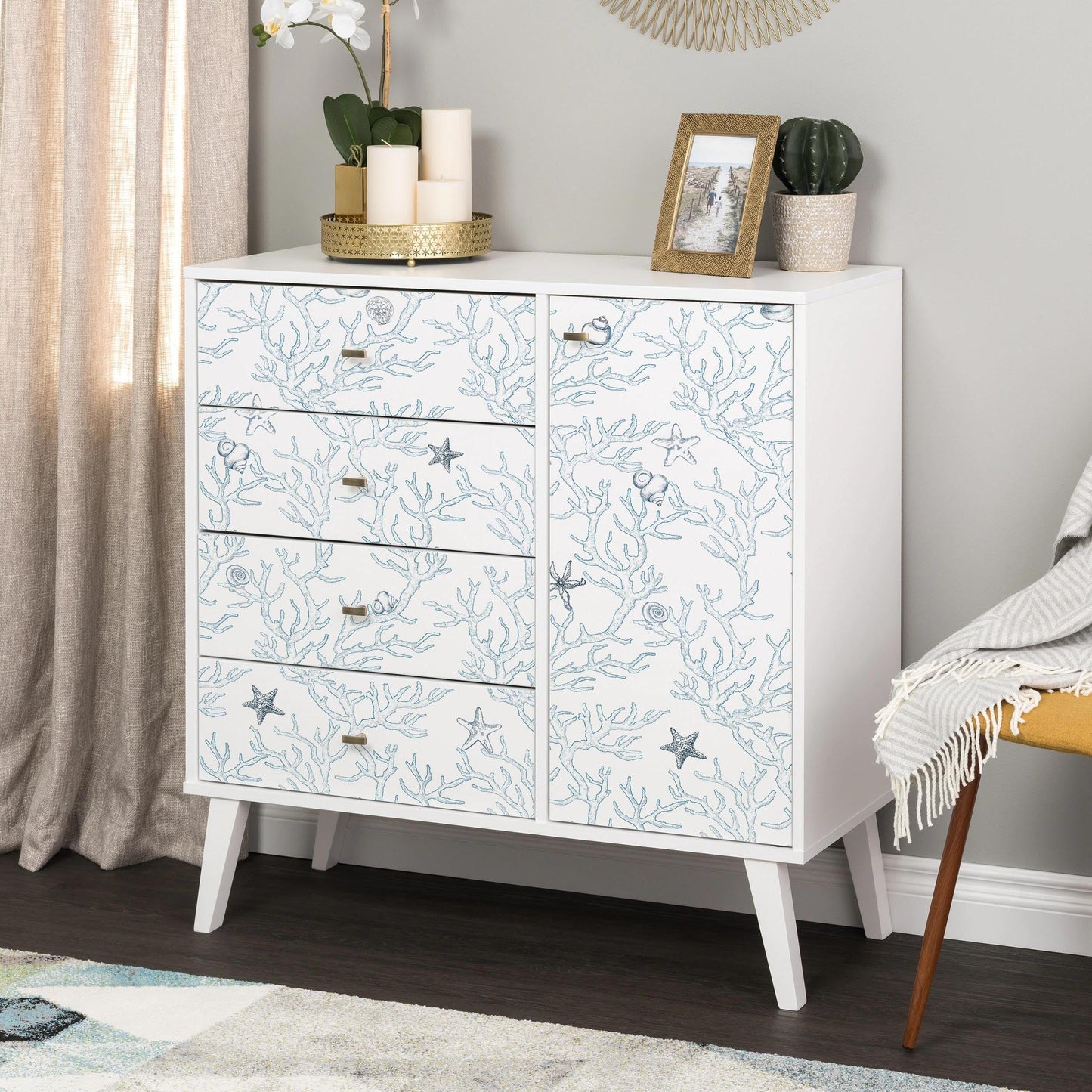 Dviolet Peel and Stick Wallpaper - White and Light Blue Contact Paper - Coral/Seashell/Starfish Pattern - Removable Wallpaper for Kids Room - 17.3"X 118"