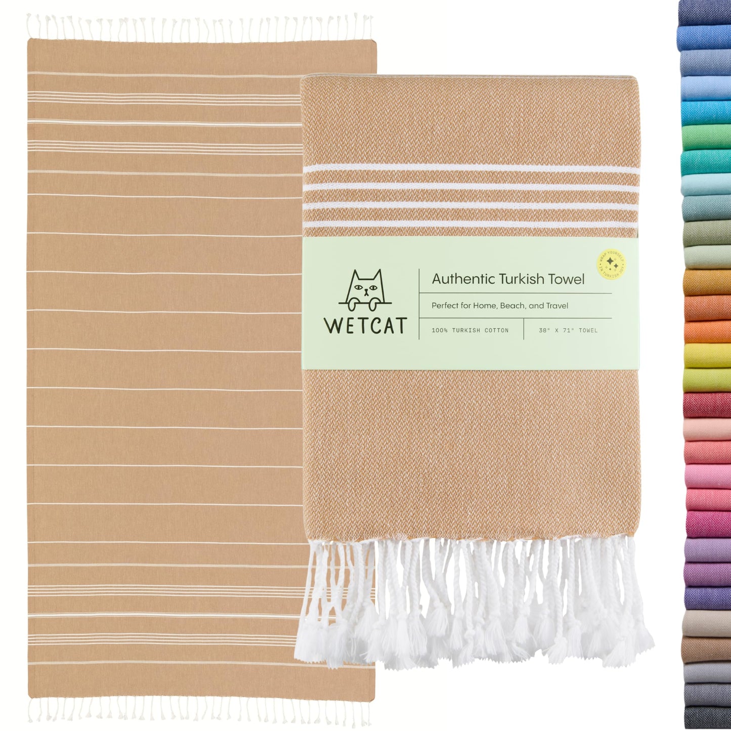 WETCAT Turkish Beach Towel Oversized (38"x71") 100% Turkish Cotton, Made in Turkey - Sand Free, Extra Large, Ultra Soft, Quick Drying, Compact & Lightweight for Travel - Tawny Brown