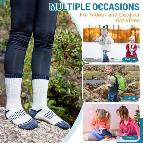 Eocom Kids Merino Wool Hiking Socks Toddlers Boys Girls Thermal Warm Winter Cushion Moisture Wicking Boot Crew Socks 6 Pairs(Assorted Color, 4-7 Years)