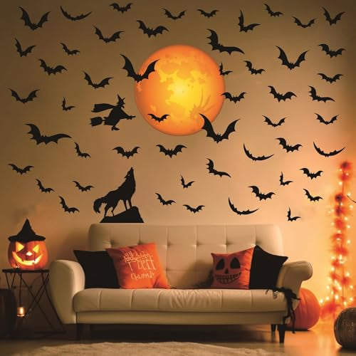 Halloween Moon Wall Decals Witch Bats Decal Removable Peel and Stick Wolf Wall Decals Halloween Party Supplies Decorations