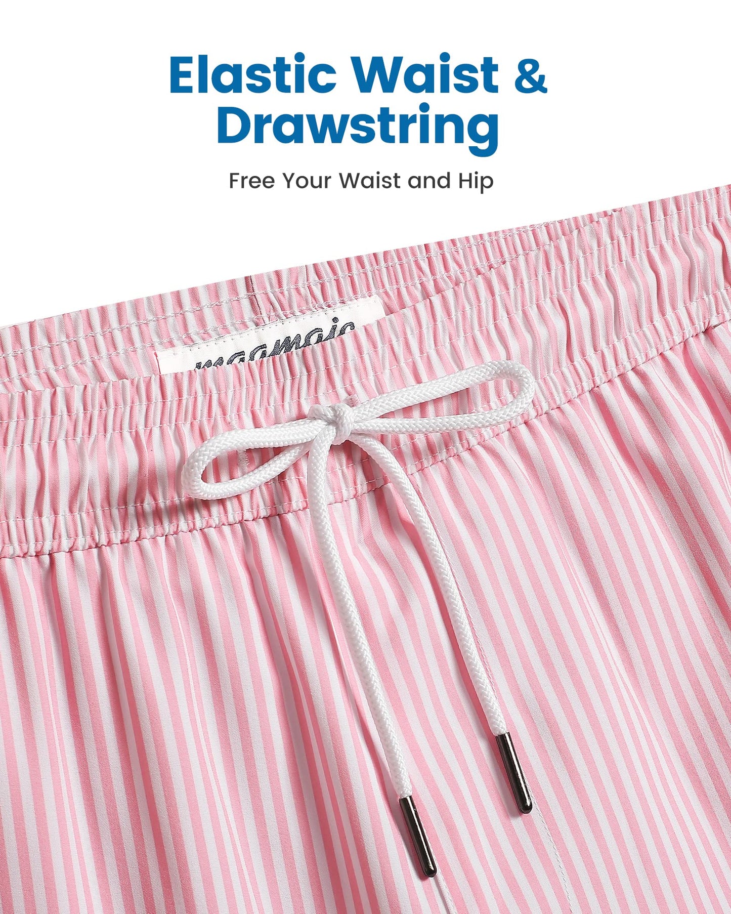 maamgic Mens Swim Trunks with Compression Liner 5 Inch, Quick Dry Bathing Suit with Zipper Pockets, Stretch No-Chafing Swim Shorts, Pink White Stripe X-Small