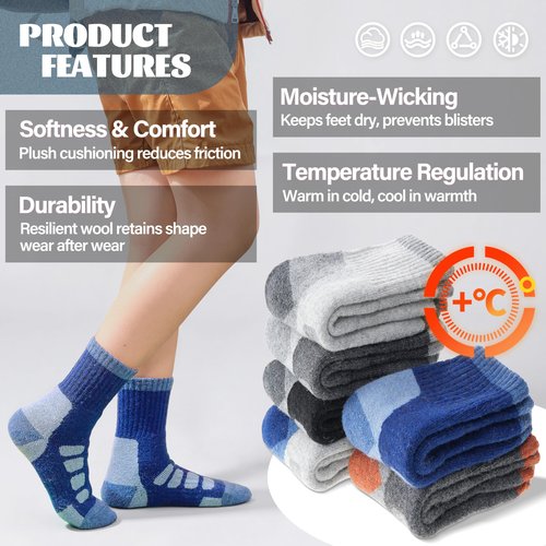 Anlisim Kids Merino Wool Hiking Socks Boys Girls Toddlers Thermal Winter Warm Boot Thick Cushion Gift Socks 6 Pairs(Blue Check,8-12 Years)