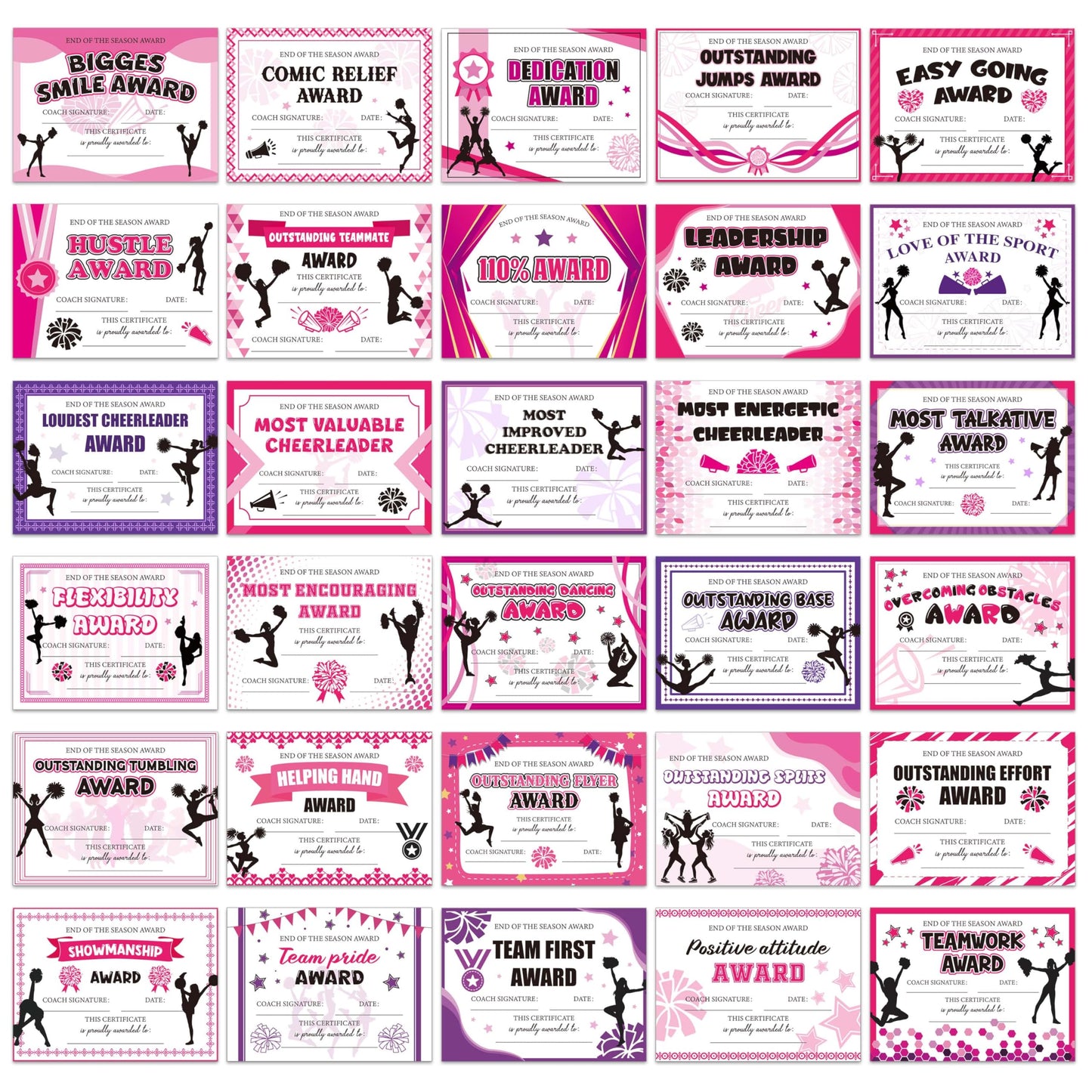 EYxsaxenk Cheerleading Achievement Award Certificates - 60Pcs End of Season Cheerleader Ceremony Award Cheerleading Championship Paper Achievement Certificate Student Reward Teacher Motivation Supply