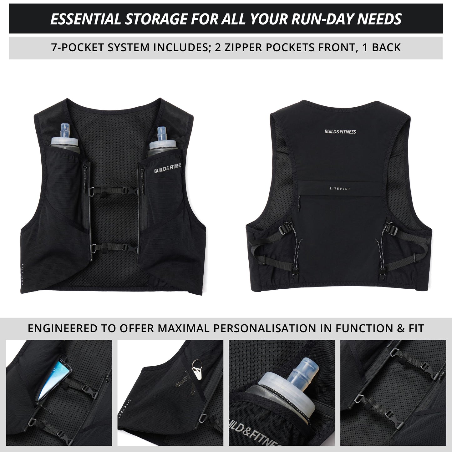 Build & Fitness LITEVEST Running Vest with 2X 500ml Soft Flasks – 7 Pockets, Lightweight, Breathable Hydration Vest – Premium, Secure, Comfort & Style for Training, Trails, Marathons & Everyday Runs