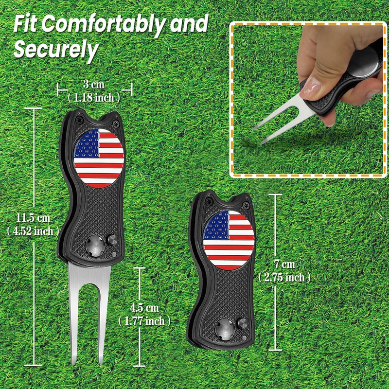 FINGER TEN Golf Divot Repair Tool and Ball Marker Switchblade Value Pack, Foldable Magnetic Stainless Steel with Pop-up Button for Men Women (2 in Black+2 Ball Marker)