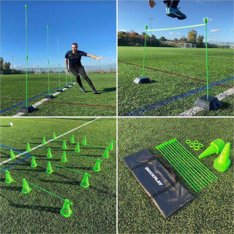 QUICKPLAY PRO Speed + Agility Set, Multi-Sport Training Agility Poles | Cones | Speed Hurdles | Soccer Tennis | Crowd Barrier (PRO Speed & Agility Set)
