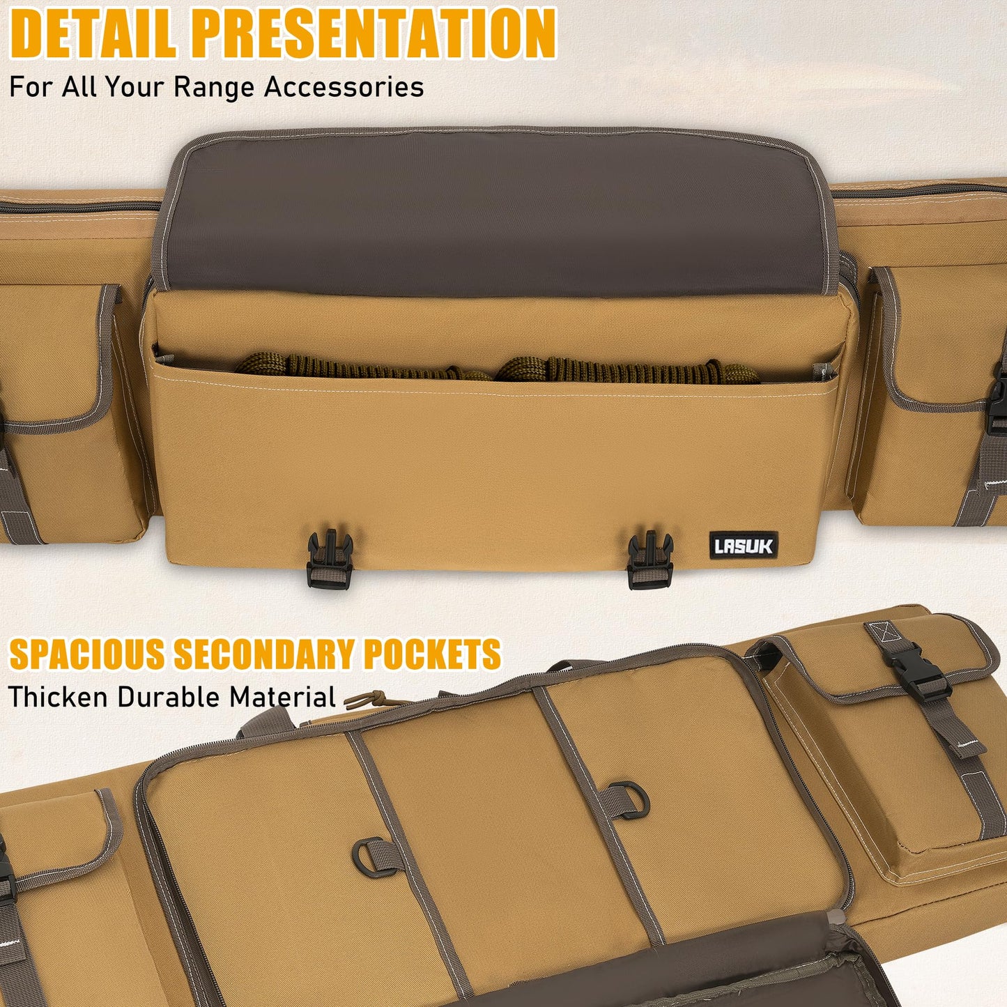 LASUK 46" Soft Double Rifle Bag, Portable Long Rifle Bag for Outdoor Hunting Shooting, Gun Case Storage & Transportation(Yellow)
