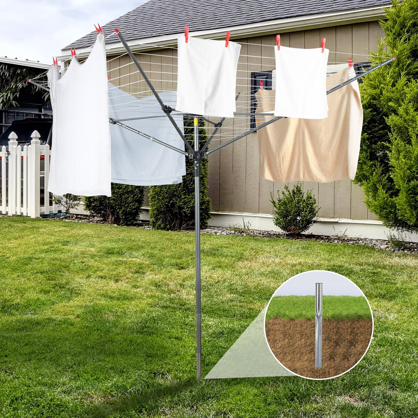 STO STO Umbrella Clothesline Outdoor Drying Rack, 164 Feet Rotary Clothes Drying Rack with Adjustable Height, Folding Laundry Line with Metal Ground Spike for Backyard, Patio, Garden, Heavy Duty