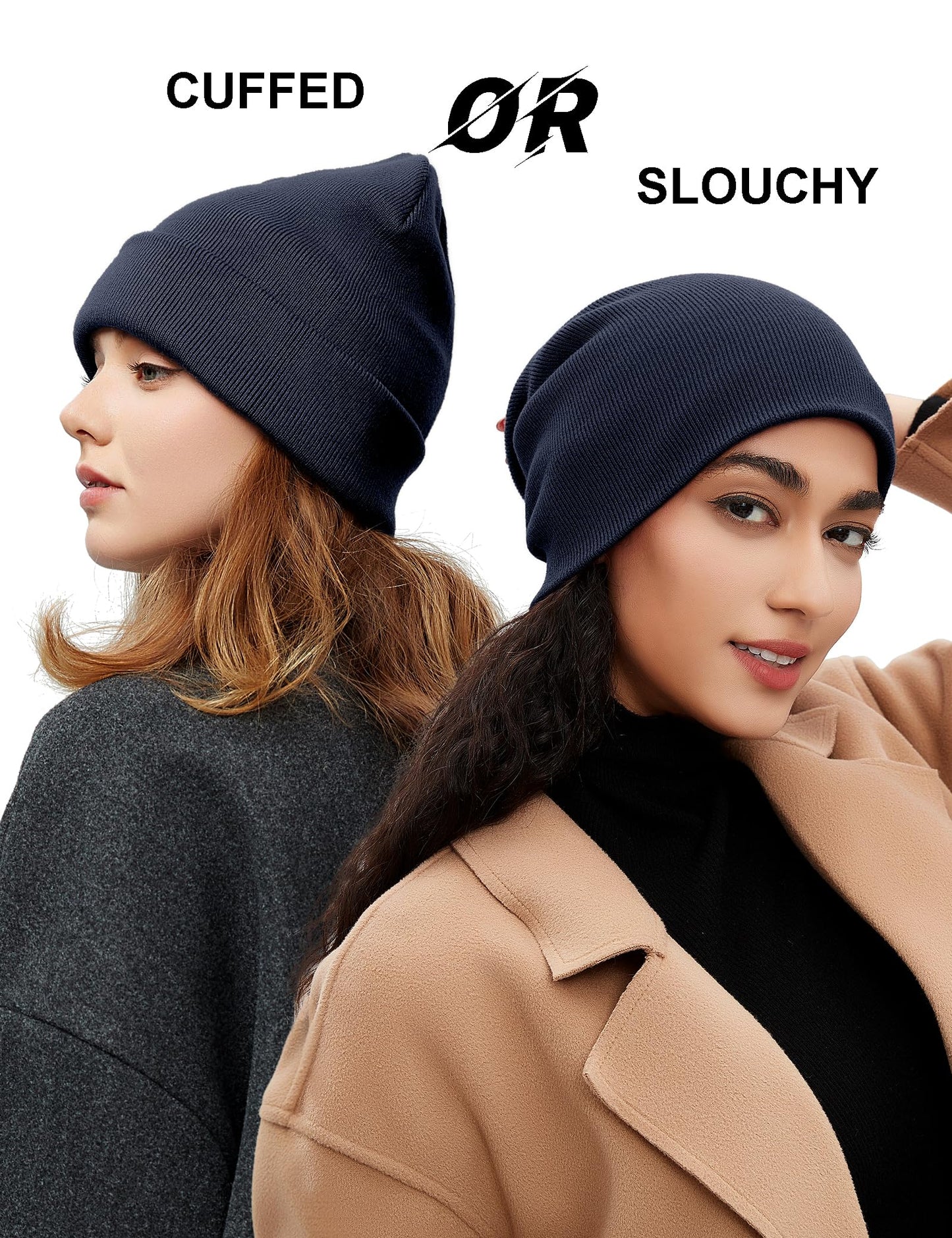 Simapu Satin Lined Wool Beanie Hat for Women Men Fall Winter Fashion, Warm Knit Cuffed Fisherman Skull Cap/Slouchy Beanie, Navy Blue