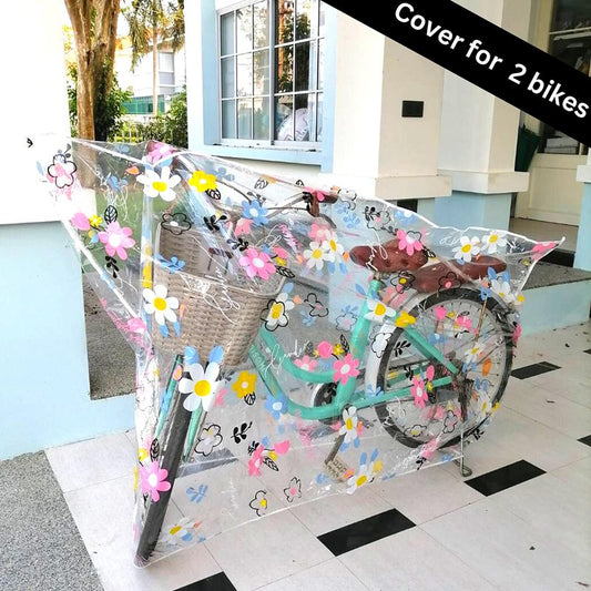 Bike Cover, Cute Clear Outdoor Storage Waterproof Bicycle Covers Heavy Duty Ripstop Material, Protection for All Types of Bicycles, Plus UV Protector Saddle Cover (For Two Bikes (White Pink Flowers))