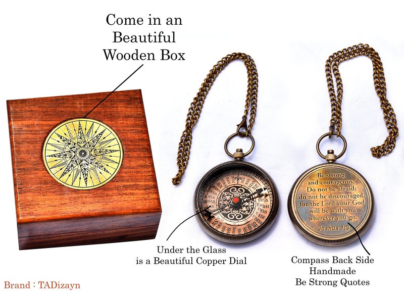 Be Strong and Courageous- Joshua 1: 9 Quote Engraved Compass with Wooden Box, Greeting Card, Gift Compass, Graduation Day Gifts 2026 Compass for Women Mens Boy Girls