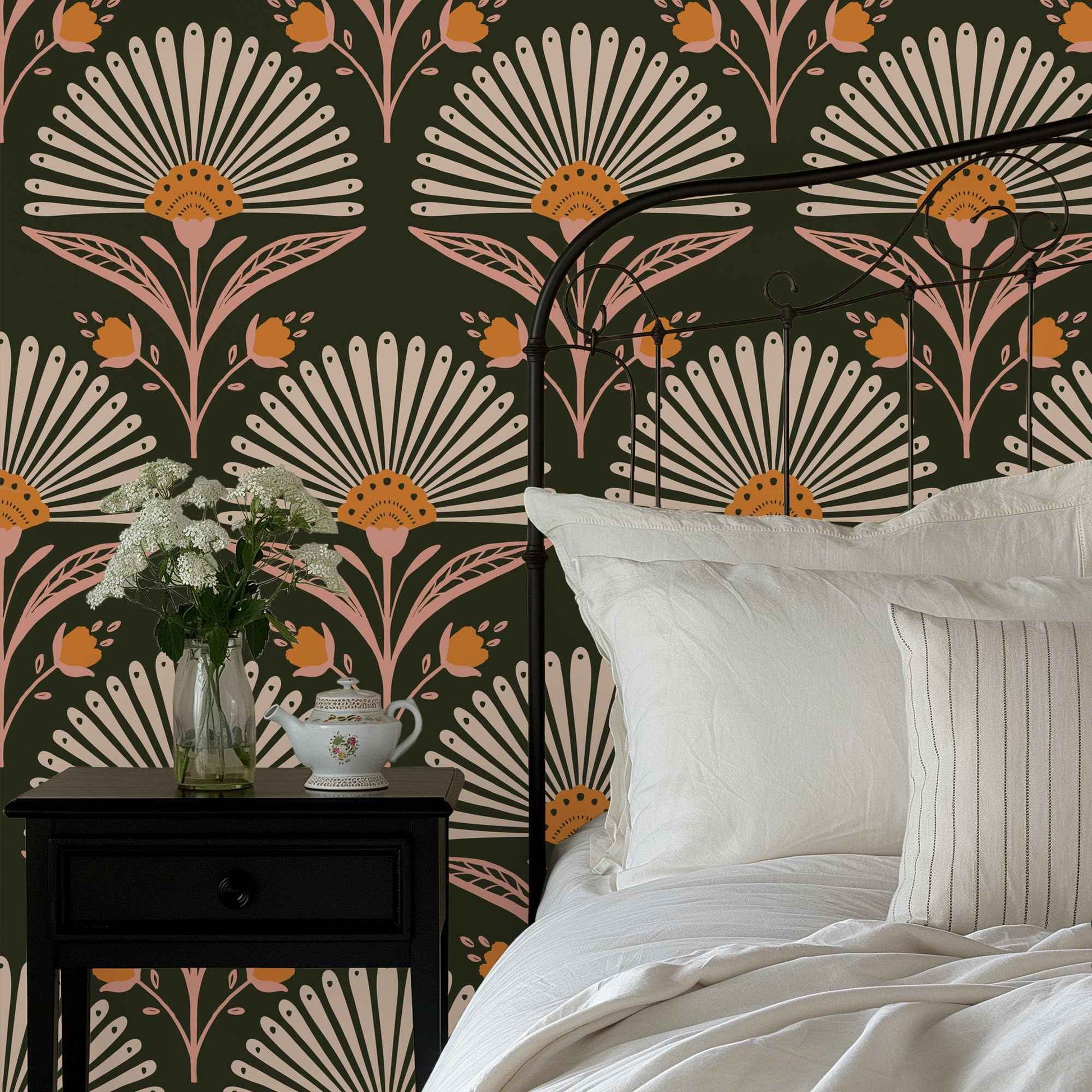 Peel and Stick Wallpaper -Blooming Fan Shaped Floral Wallpaper, Removable Contact Paper in Black Modern Design for Bathroom, Bedroom, Living Room Laundry Decor 17.7”×118”