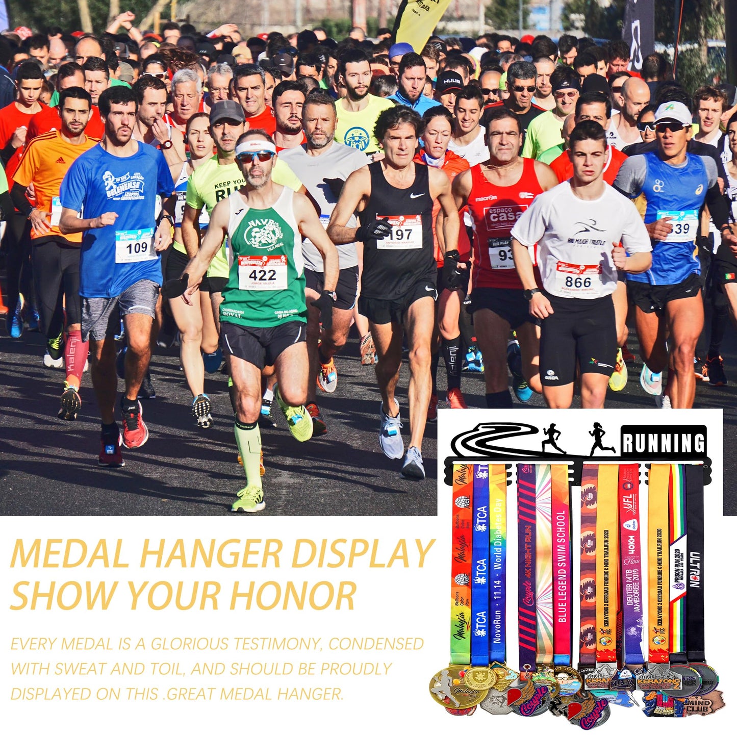 Goutoports Medal Holder Display Hanger - Award Ribbon Organizer Rack for Sports Race Runner Plaques Hanger for Wall Mount Hold Up 60 Medal Hanger Display for Athlete Kids Christmas Gifts