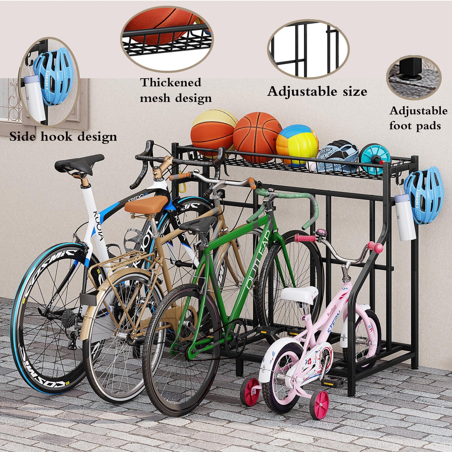 YIZAIJIA Bike Rack Storage Stand Organizer Floor Holds 4 Bicycle Parking Freestanding Adjustable Garage Indoor Outdoor Bike and Sports Storage Station, Black (4 Bike Stand)