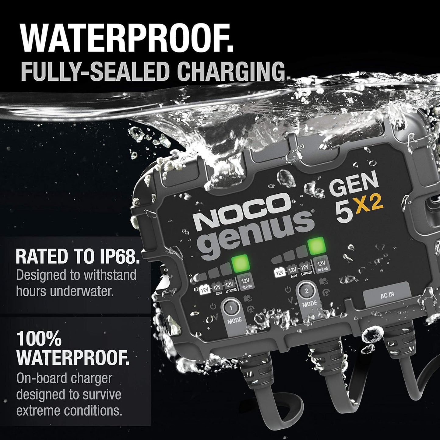NOCO Genius GEN5X2 Onboard Battery Charger - 2-Bank, 10A, Waterproof, 12V with Overcharge Protection & Temp Compensation