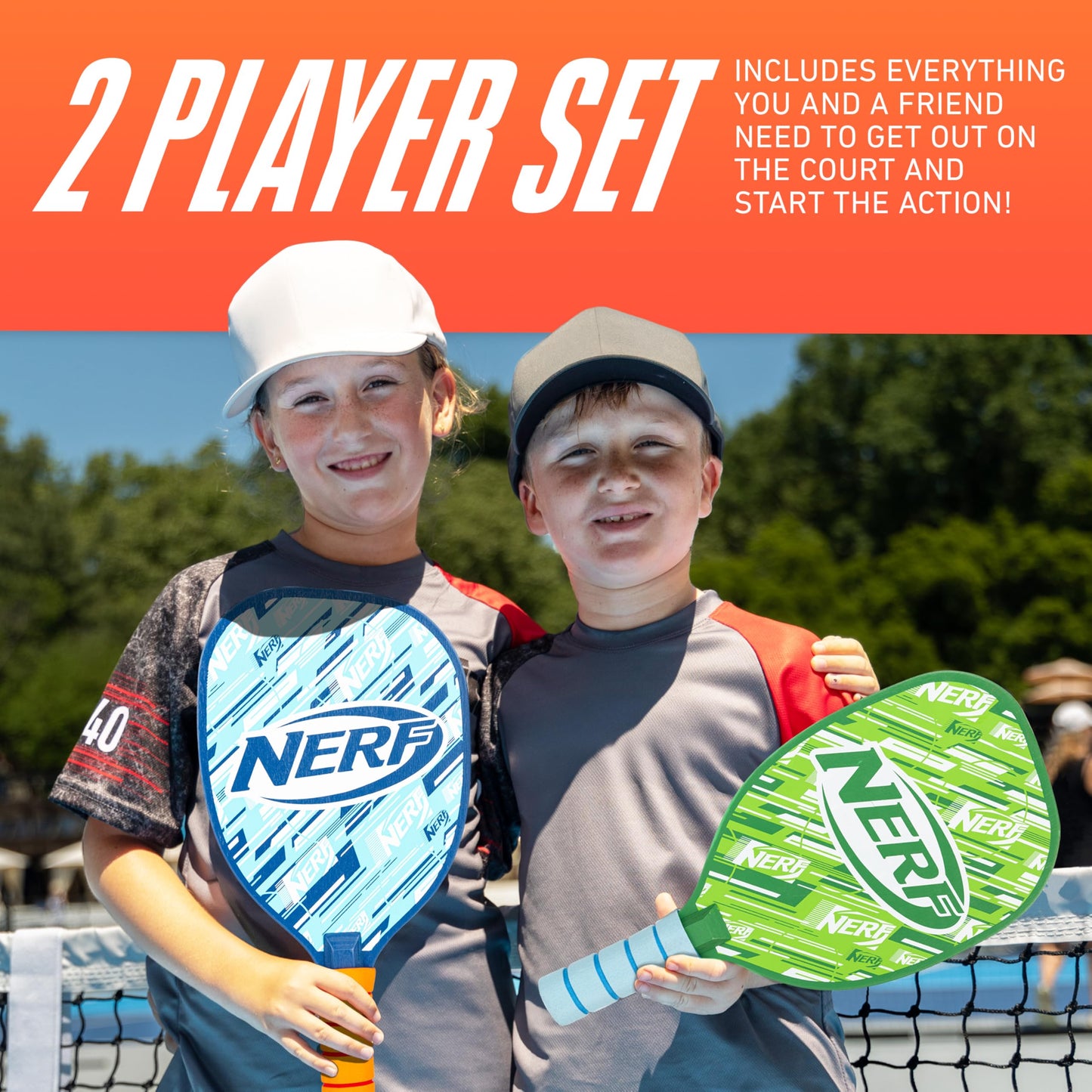 NERF 2 Player Pickleball Paddle Set - Youth Pickleball Equipment Set - (2) Wooden Paddles with Foam Grips + (2) Outdoor Balls for Kids - Carry Bag Included