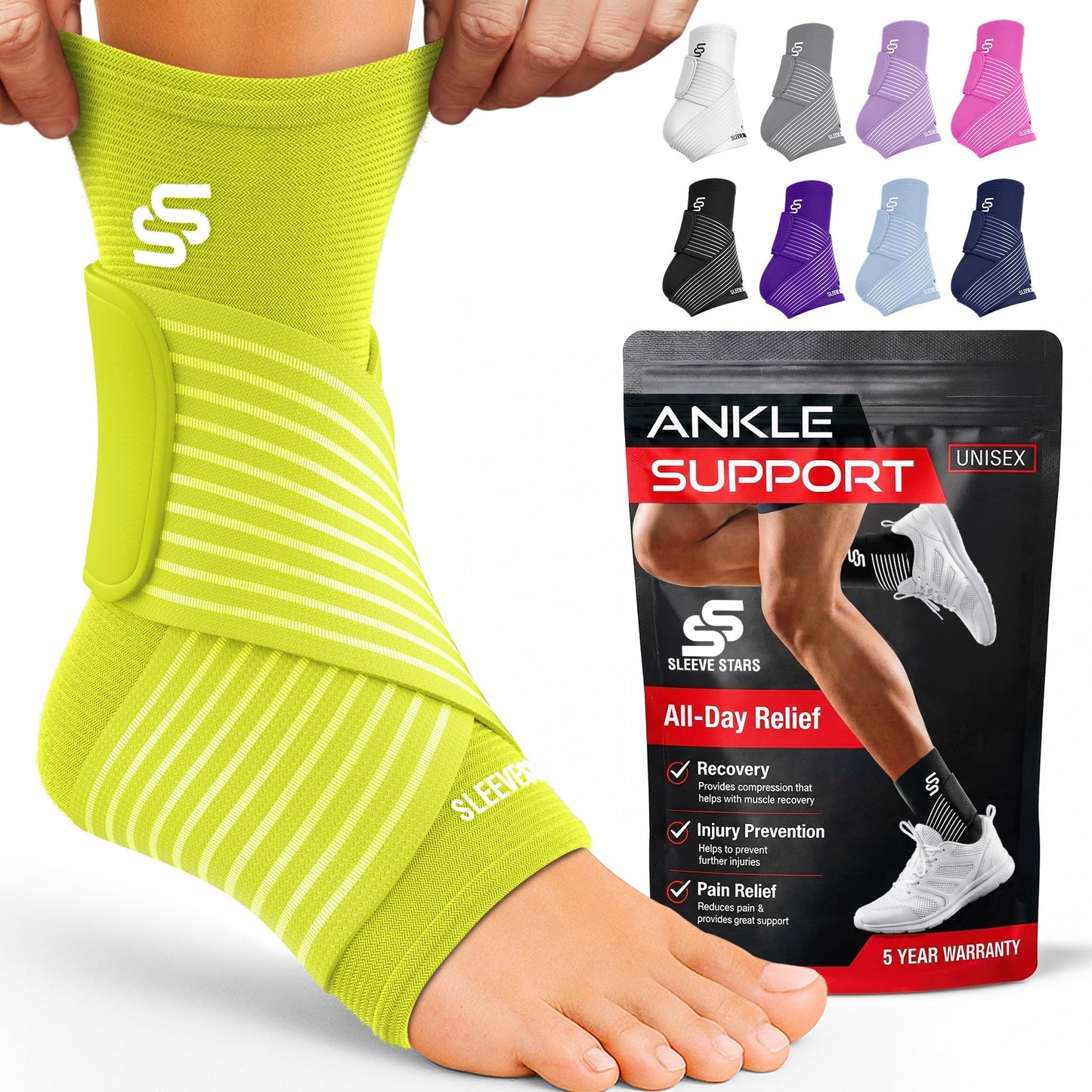 Sleeve Stars Ankle Brace for Women & Men, Ankle Wrap for Sprained Ankle, Compression Sleeve for Plantar Fasciitis Relief, Easy Customizable Support: w/ Removable Strap (Pair/M:10"-12"/Neon Yellow Green)