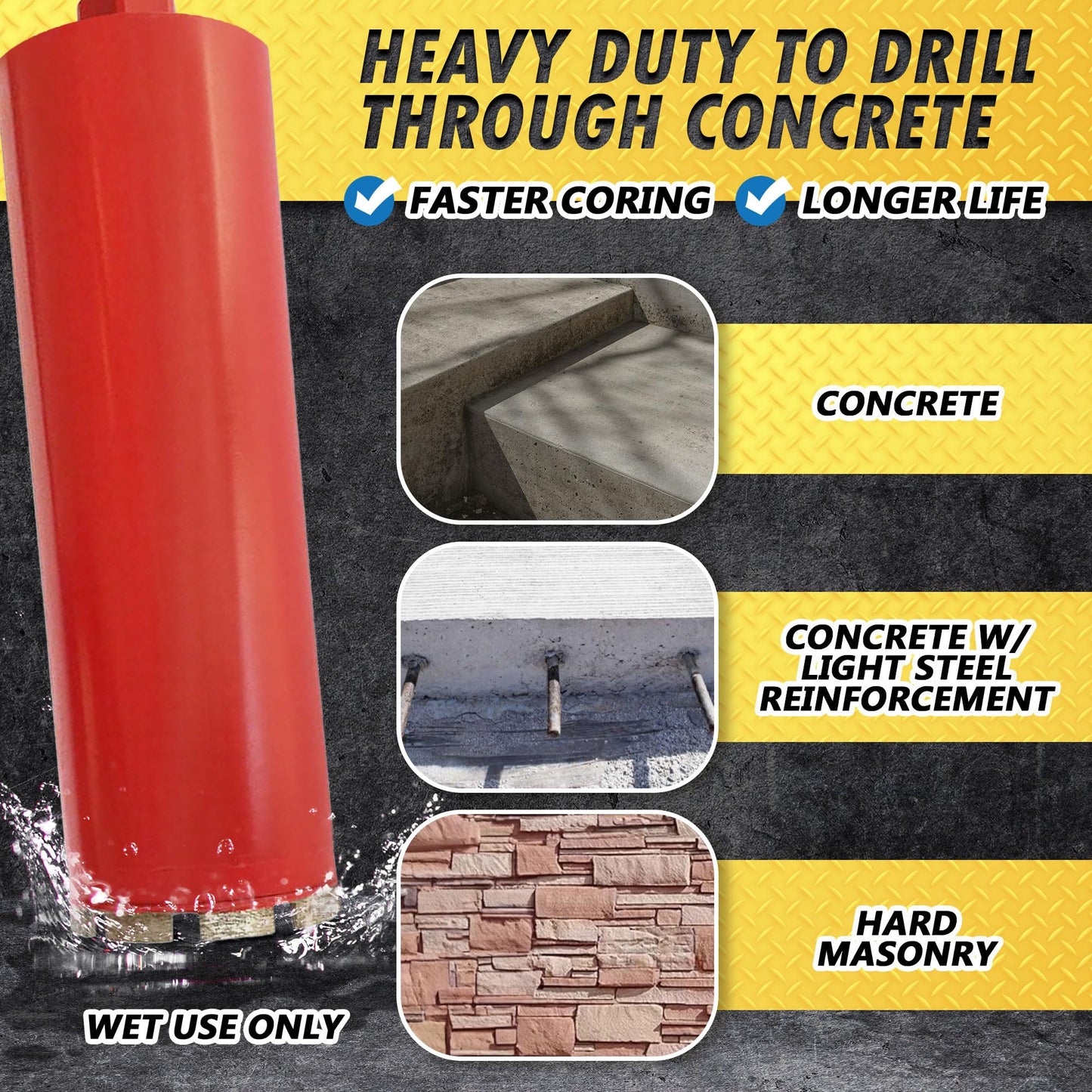 3-1/2" Wet Drill Core Bits for Concrete and Hard Masonry, 10mm Segment Height, 14" Drilling Depth, 1-1/4"-7 Arbor, Wet Only