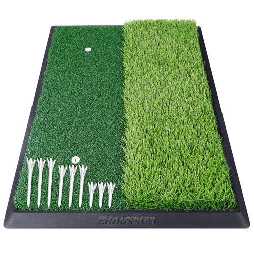 CHAMPKEY 17" x 24" High Performance Nylon Dual-Turf Golf Hitting Mat - Rubber Backing Golf Pracitce Mat - Come with 1 Rubber Tee Holder and 9 Plastic Golf Tees (17" x 24")