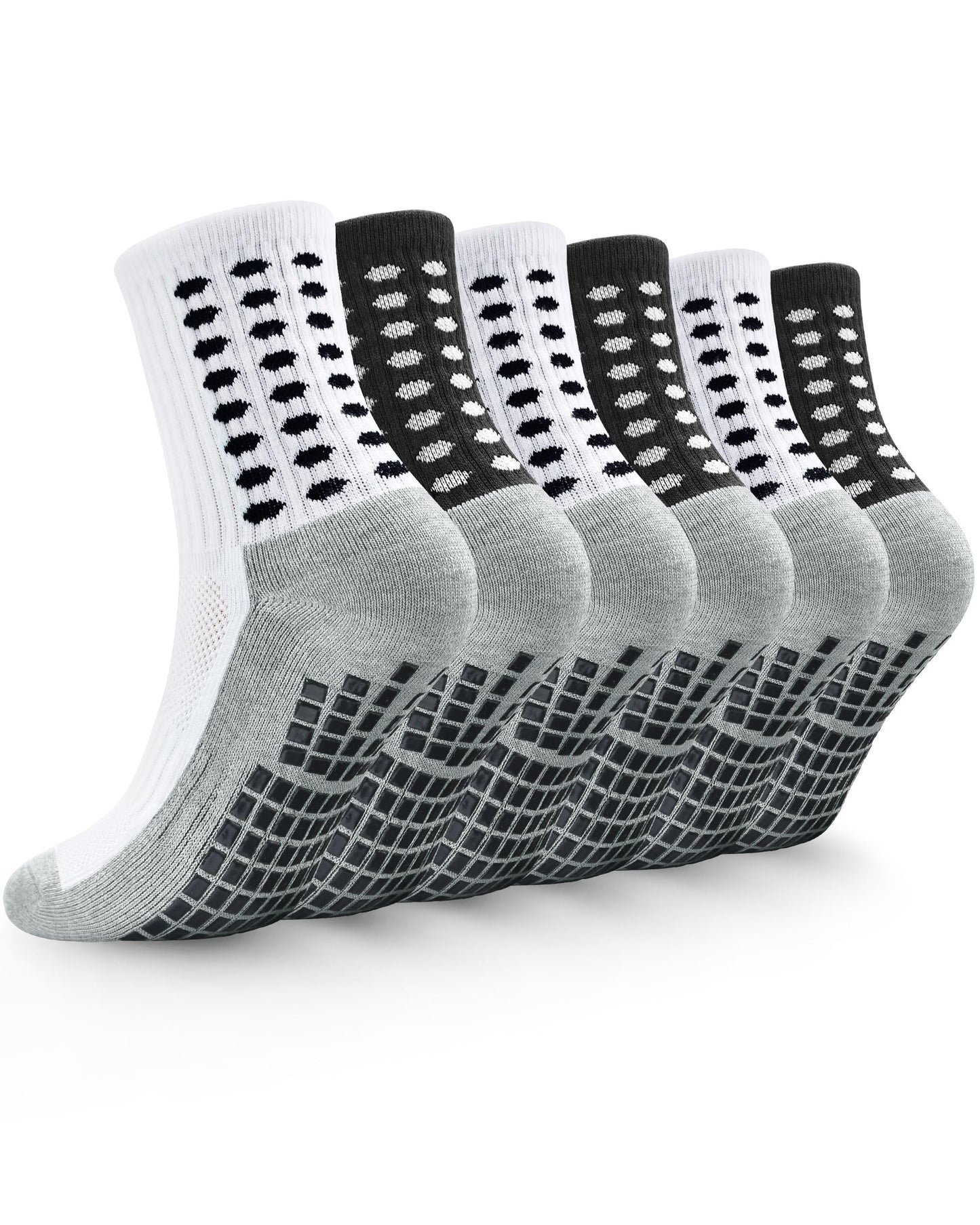 Kids Grip Socks Soccer Boys Football Non Slip Socks Girls Cushioned Running Athletic Crew Grip Sock 10-12 Years Kids Youth 6 Pairs(3Black+3White, L)