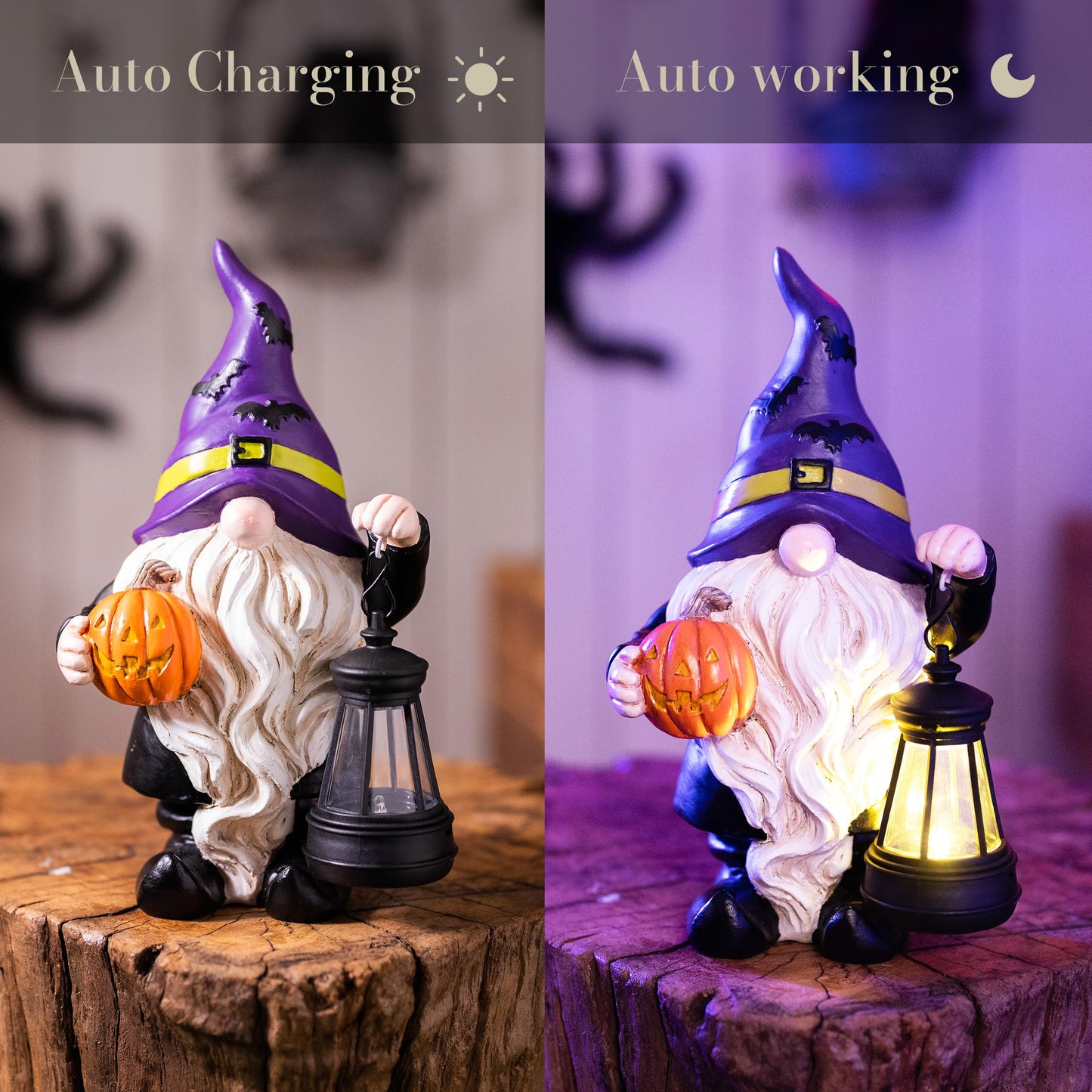 TERESA'S COLLECTIONS Halloween Decorations Garden Gnomes Statues with Solar Lights,Cute Purple Bat Hat Resin Decor with Lantern for Home,Table,Outdoor,Yard,Pumpkin Jack-o-Lanterns,Gifts for Party,8"