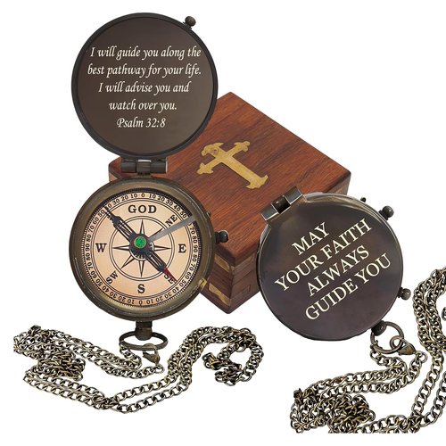 Engraved Compass - I Will Guide You - Psalm 32:8 Quote Handmade Working Compass with Scripture - Religious, Christian, Catholic, Christening, First Communion, Confirmation Gift