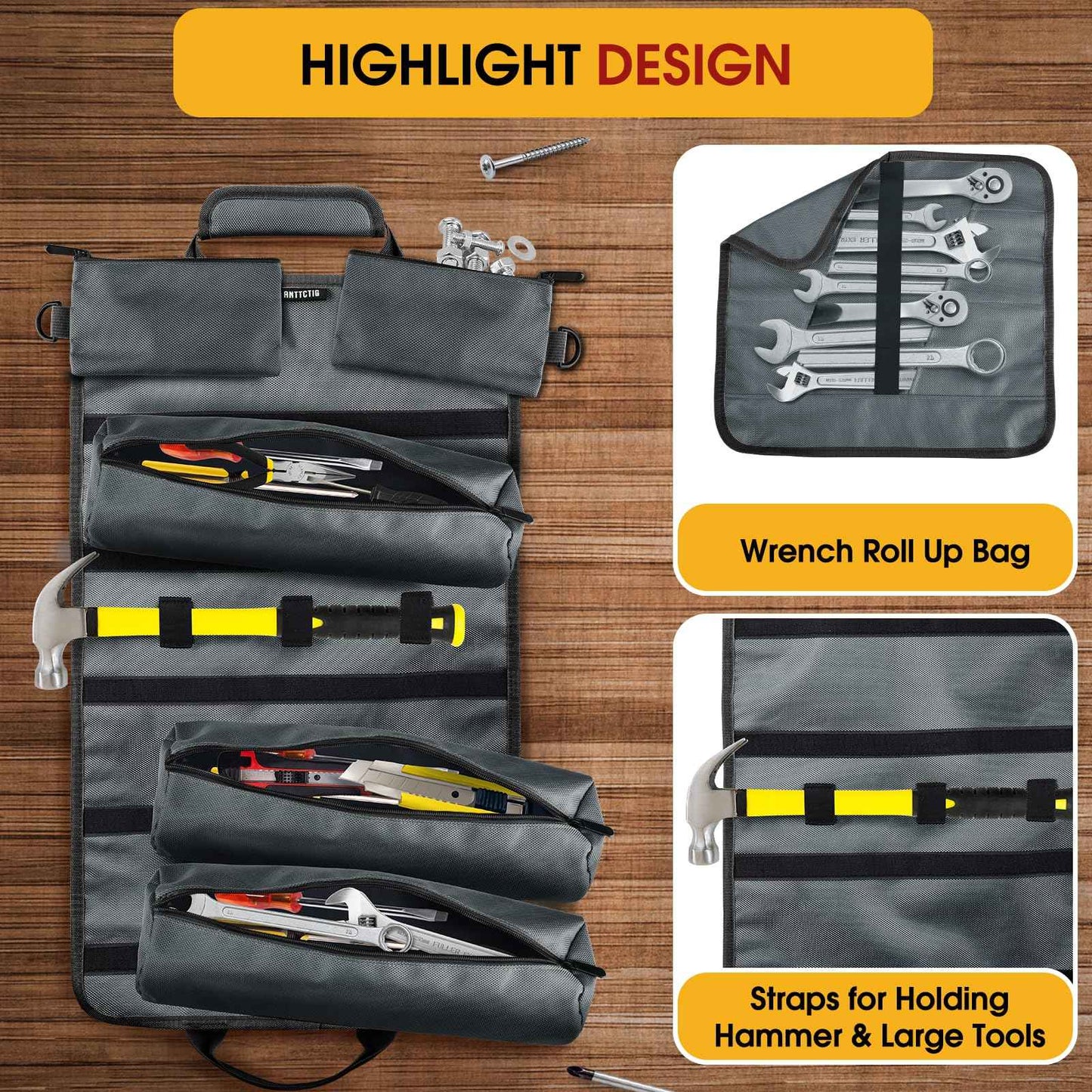Tool Bags, Heavy Duty Tool Roll Up Bag for Men, Father’s Day Gift for Dad Husband Him, 6-in-1 Detachable Tool Roll Bag with 3 Tool Pouch+1 Wrench Roll+2 Pockets, Compact Tool Box Organizer(Grey)