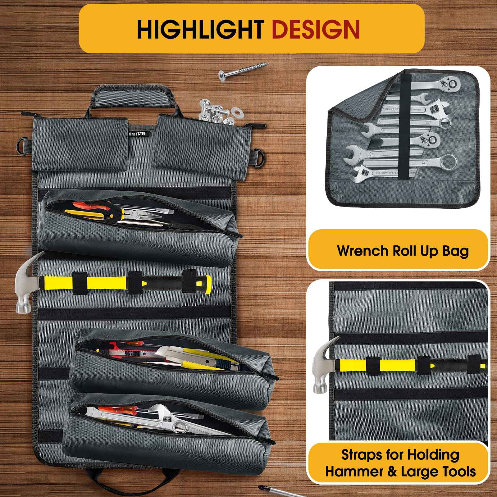 Tool Bags, Heavy Duty Tool Roll Up Bag for Men, Father’s Day Gift for Dad Husband Him, 6-in-1 Detachable Tool Roll Bag with 3 Tool Pouch+1 Wrench Roll+2 Pockets, Compact Tool Box Organizer(Grey)