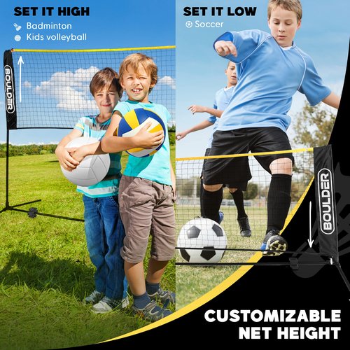 BOULDER Portable Badminton Pickleball Net - Foldable / Extendable Poles for Multiple Sports Heights (UP to 5 ft) - Ideal for Tennis, Pickleball, Soccer Tennis - Easy Setup (Black, 14 FT)
