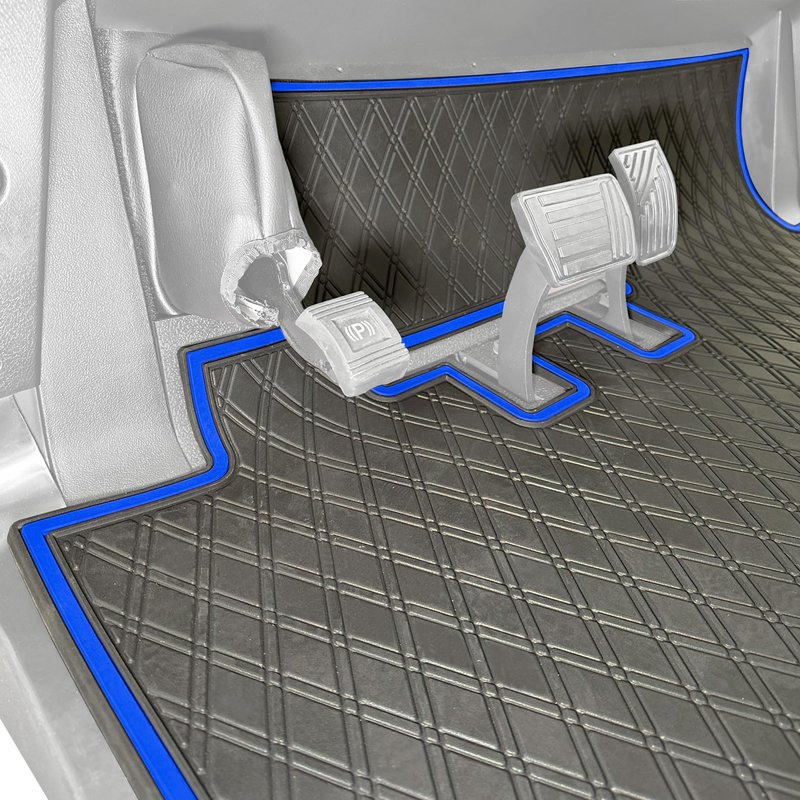 Xtreme MATS Rubber Golf Cart Mat for Bintelli Golfcars, Full Coverage Rubber Front Floor Liner Protects OEM Factory Flooring Compatible with Bintelli Beyond & Nexus (Blue Trim)