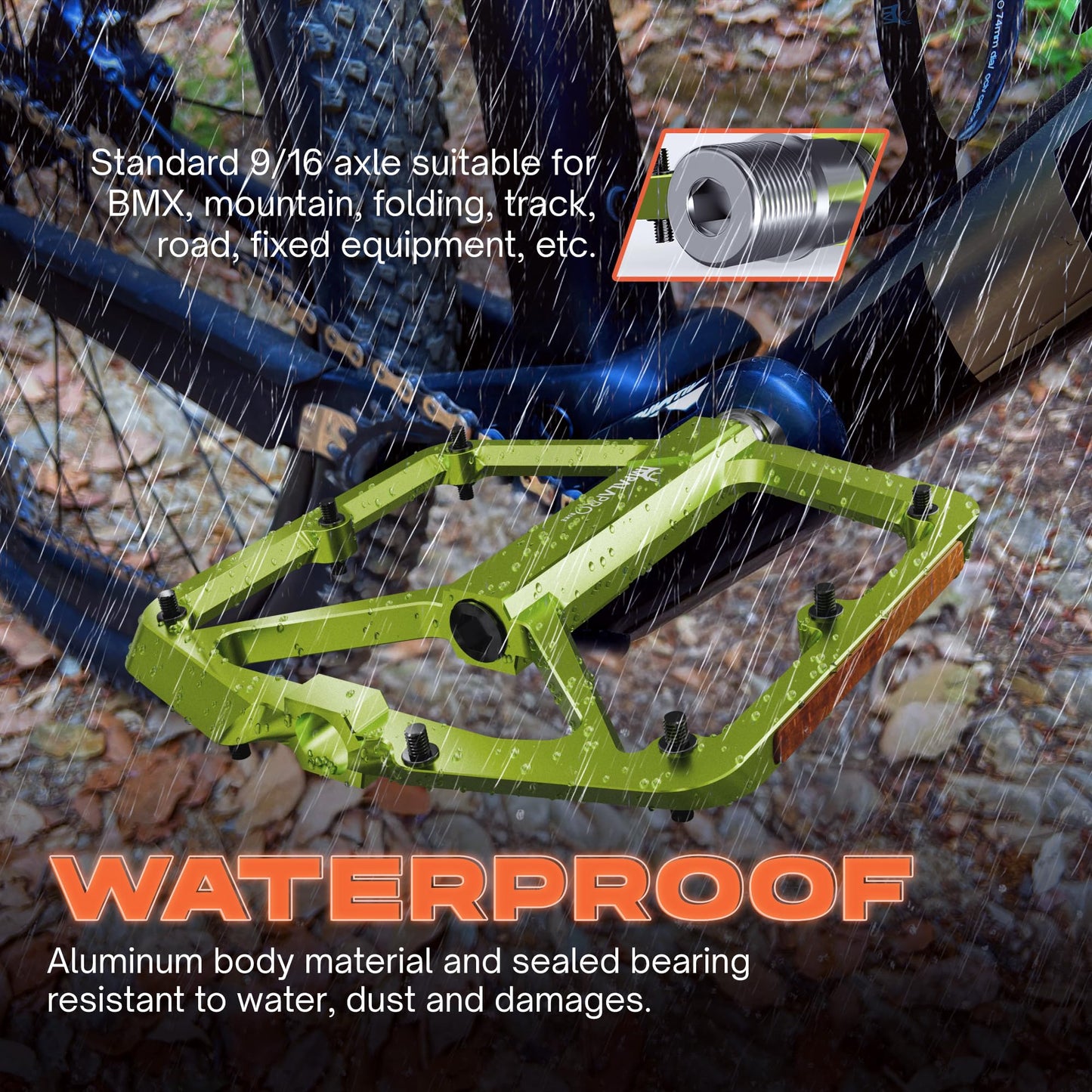 IMPALAPRO Flat Bike Pedals with Reflectors CNC Aluminium 9/16” – MTB Pedals with Extra Wide Platform and Removable Anti-Slip Pins – Lightweight Pedals for Mountain Bike & Road Bike 355 g (Lime)