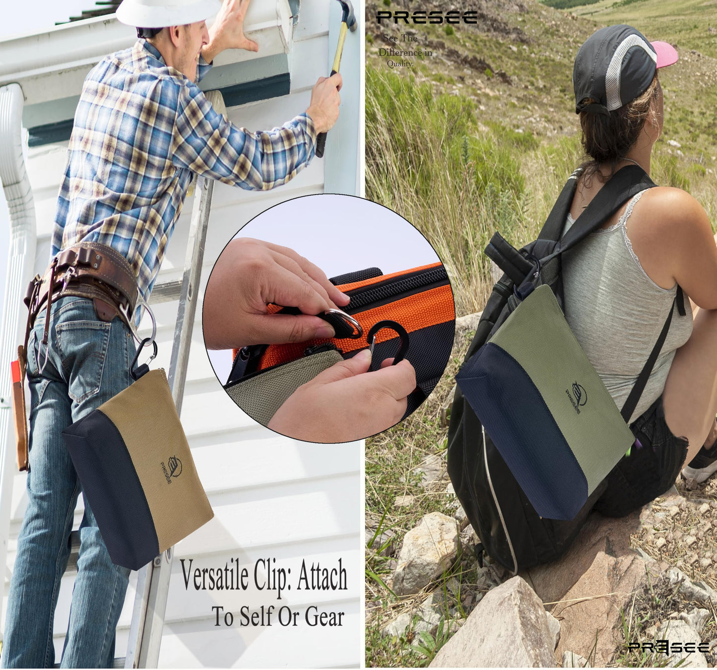 Tool Pouch Zipper Small Tool Pouches Organizer Bag with Metal Carabiner, Nylon 1680D Heavy Duty for Wrenches, Screwdrivers, Pliers, Pack of 2, Green Khaki, 10.5 Inch