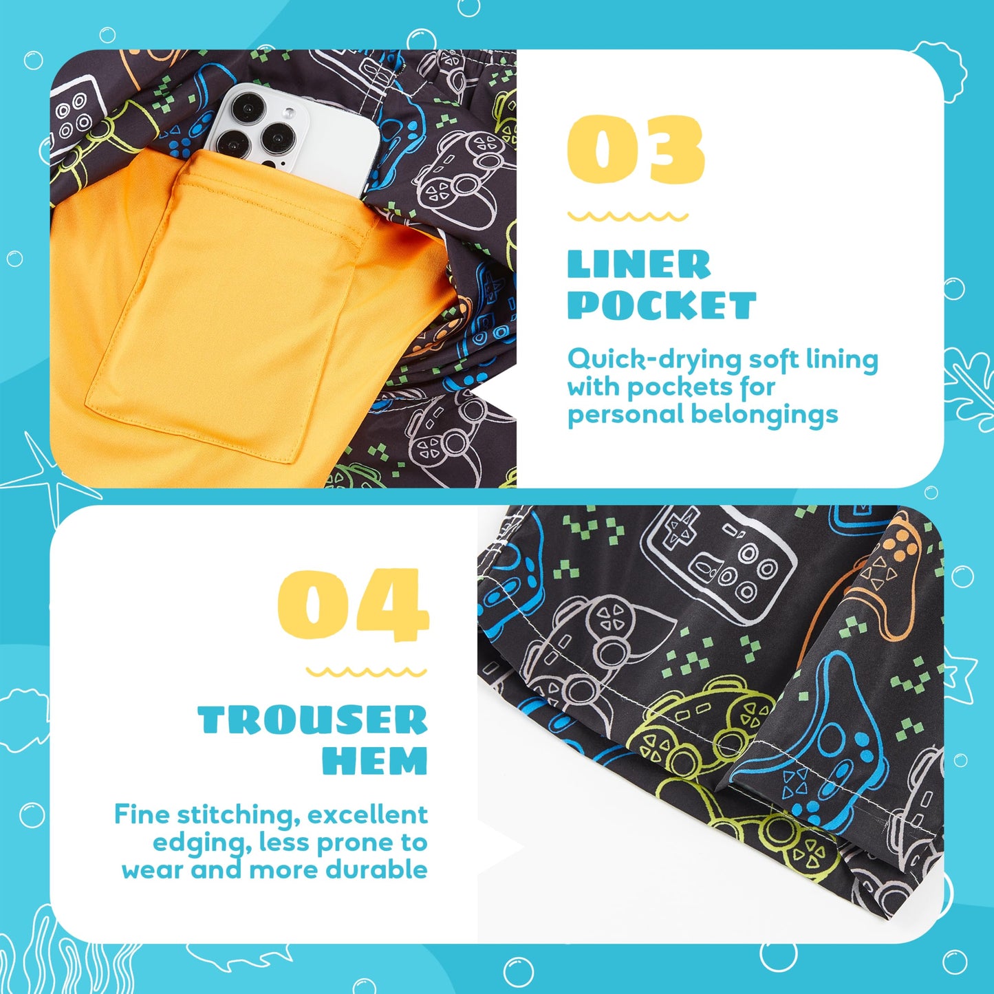 Boys Swim Trunks with Compression Liner Anti-Chafe, Boys Bathing Suit with Boxer Brief Liner, Game Controller Boy Swim Shorts Swimwear, Quick Dry UPF 50+ 4 Way Stretch Boy's Board Shorts, XL