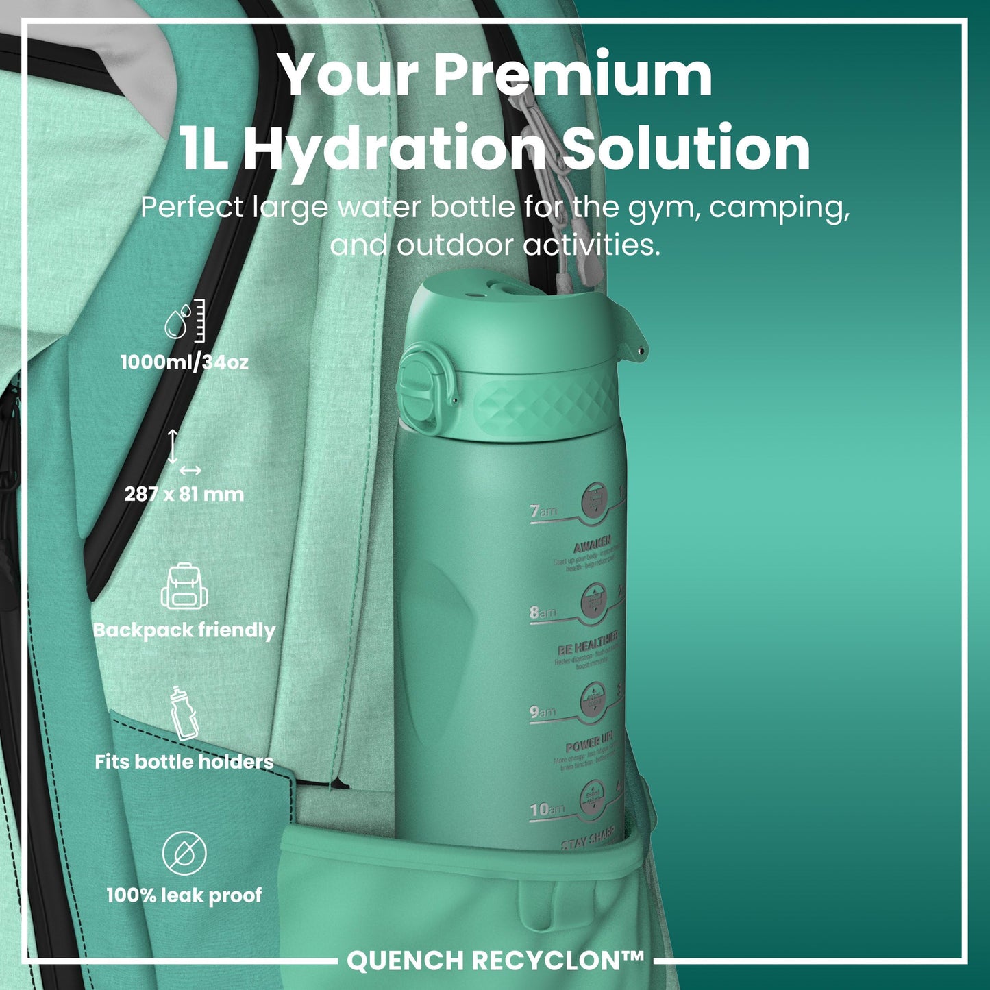 Ion8 1 Litre Water Bottle with Times to Drink, Leak Proof, Flip Lid, Carry Handle, Dishwasher Safe, BPA Free, Soft Touch Contoured Grip, Ideal for Gym, Health and Fitness, 32 oz, Teal