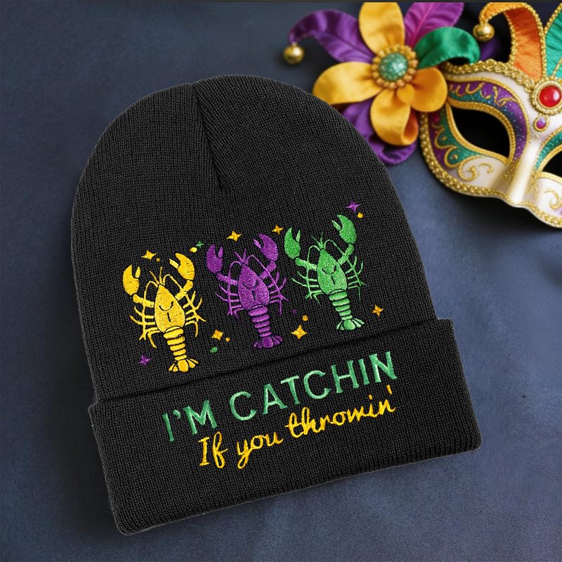 Wpnchsdc Beanie for Men Women, One Size Super Elastic Soft Warm Knit Cuffed Hat, Embroidery Mardi Gras Beanies